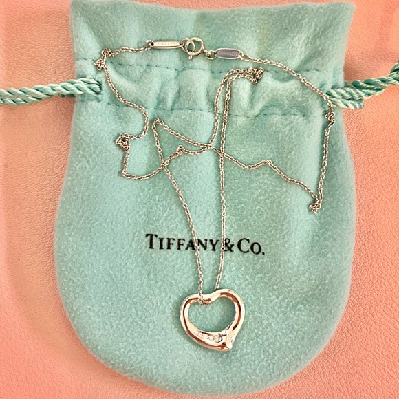 Tiffany & Co Elsa Peretti Open Heart Pendant Necklace Platinum with 5 Diamonds